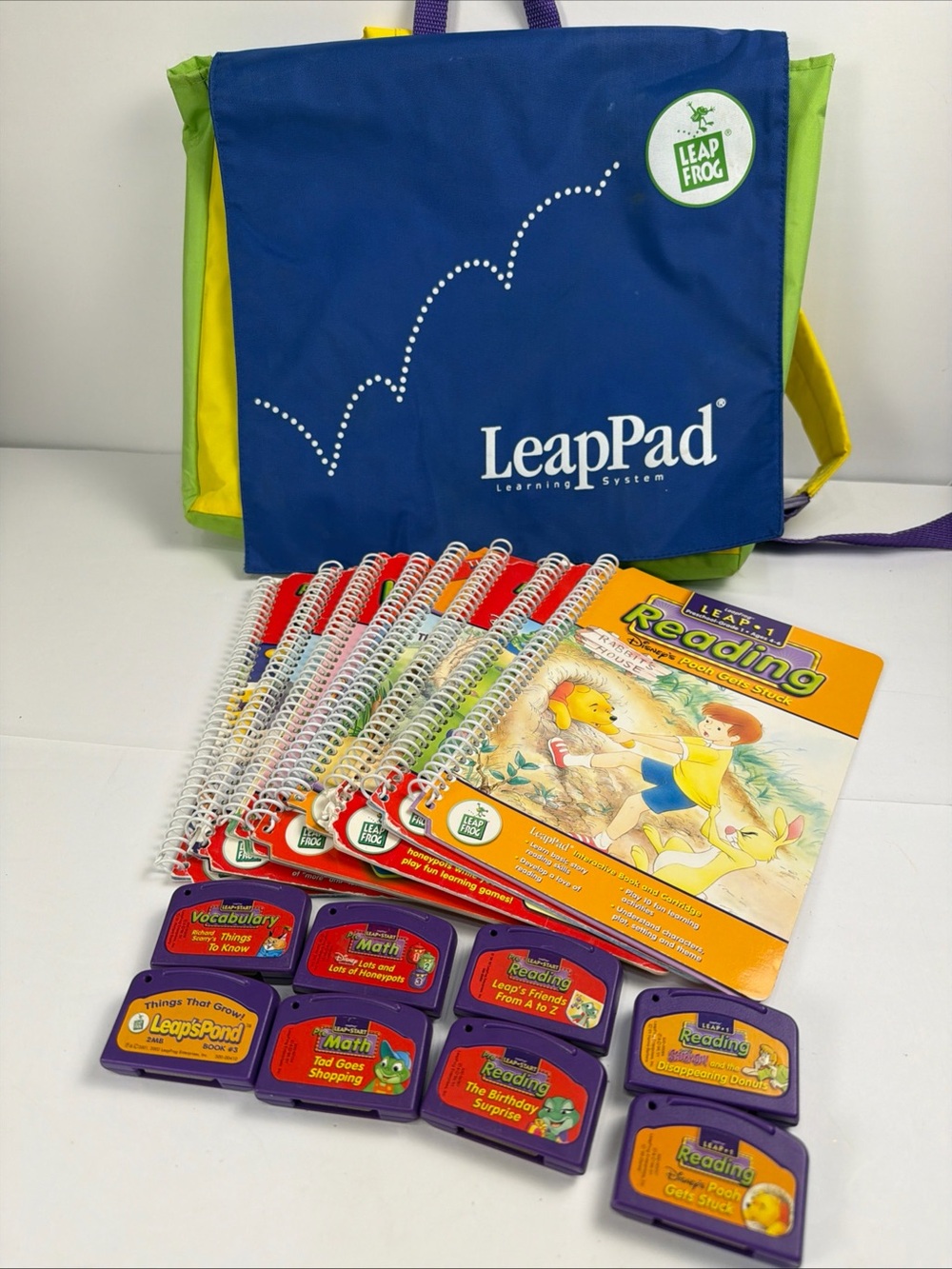 LEAP FROG Leap Pad Learning System Lot 8 Books 8 Cartridges Tested WORKS!